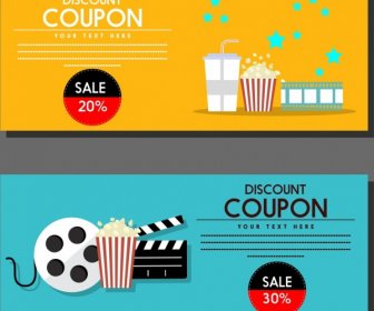 Movie Discount Coupon Templates Colored Symbols Icons Ornament