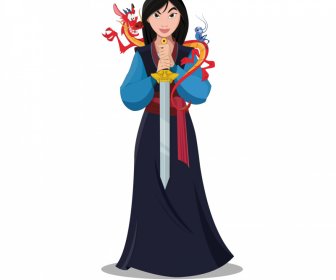 mulan character icon lady with sword dragon sketch cartoon design