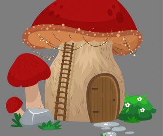 Mushroom House Icon Colored Classic Vintage Decor