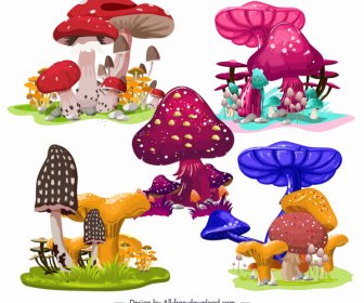 Mushroom Icons Colorful Design Growth Sketch