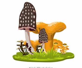 버섯 그림 다채로운 무성 한 성장 스케치