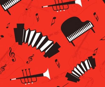 музыкальный фон черный красный дизайн акустических инструментов значки