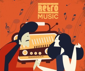 Müzik Arka Plan Adam Kadın Radyo Simgeler Retro Tasarımı