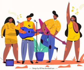 Banda De Música Pintura Coloridos Personajes De Dibujos Animados Sketch