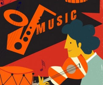 Music Banner Man Acoustic Instruments Icons Retro Design