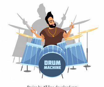музыкальный дизайн элемент барабанщик значок эскиз мультипликационный персонаж