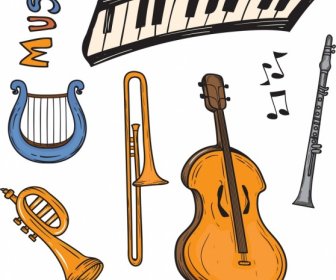 Música Projeto Elementos Instrumentos ícones Design Retro