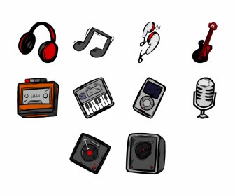 Music Doodle Icons Colored Retro Sketch
