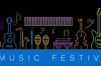 Music Festival Banner Instrument Icons Decor Colorful Silhouettes