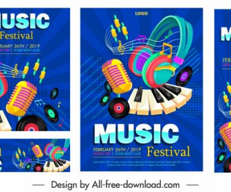Müzik Festivali Afişleri Renkli Olaylı Tasarım Enstrümanlar Simgeler