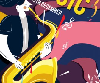 Cartel Del Festival De Música Saxofonista Sketch Colorido Diseño Clásico
