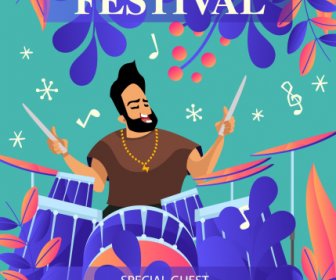 Music Festive Banner Performing Drummer Sketch Colorful Classic