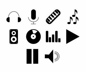 Music Icons Sets Flat Black White Outline