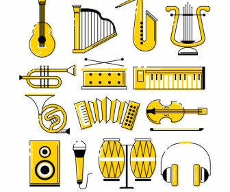 Music Instruments Icons Classical Yellow Sketch
