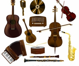 Music Instruments Icons Colored Flat 3d Sketch