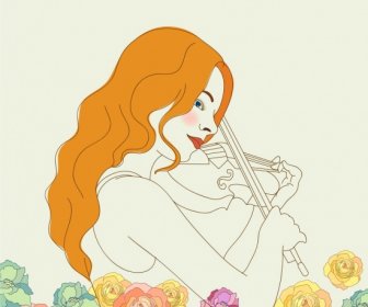 Icône De Musique Peinture Femme Violoniste Esquisse Décoration Roses