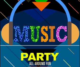 Music Party Banner Colorful Words And Headphone Symbol