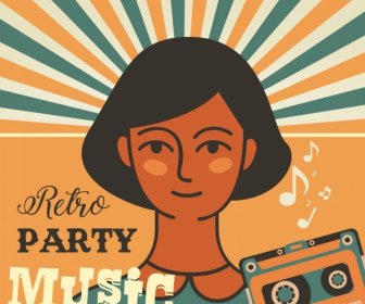 Music Party Banner Girl Cassette Icons Retro Design