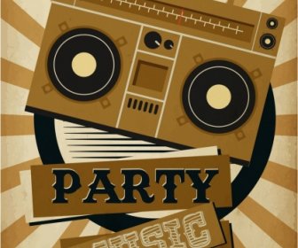 Music Party Banner Retro Radio Icon Rays Decor