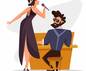 Music Performance Icon Singer Pianist Sketch Cartoon Characters