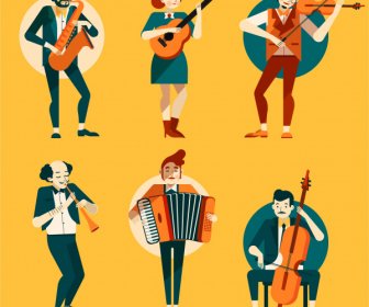 Music Performer Icons Colored Cartoon Characters Sketch