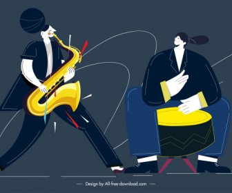 ícones Musicistas Trompete Baterista Desenho Animado