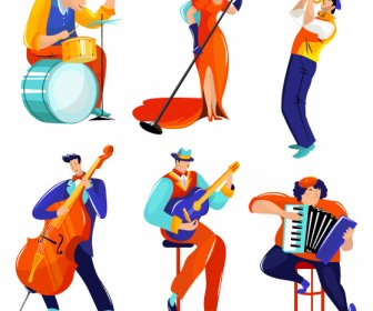 Music Player Icons Colorful Cartoon Characters Sketch