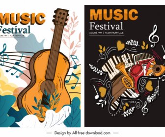 音樂海報範本五顏六色的復古裝飾樂器素描