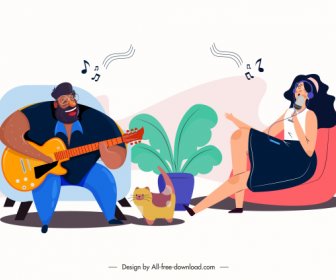 Music Recreation Painting Guitarist Singer Sketch Cartoon Characters