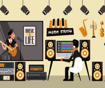 Music Studio Background Men Instruments Icons Cartoon Design