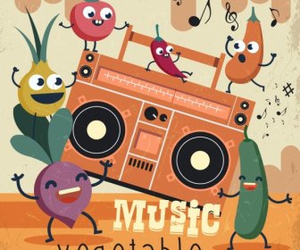 Music Vegetables Background Retro Design Funny Stylized Icons