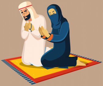 漫画のスケッチを祈るイスラム教徒のアイコンの人々