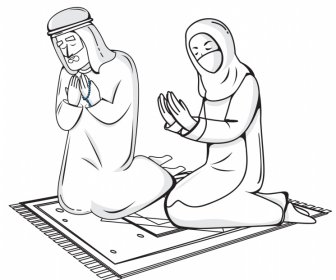 イスラム教徒の人々の祈りのアイコン黒白手描き