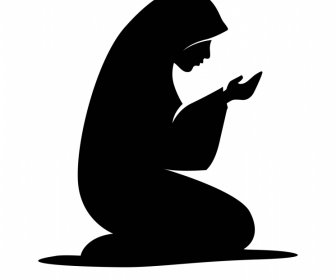 イスラム教徒の祈りの女性のアイコンサインシルエットスケッチ