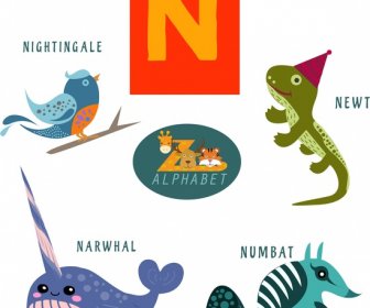 N Letter Design With Colored Flat Style Animals