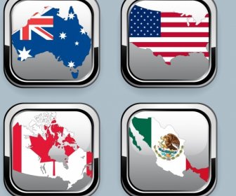 Nation Flags Icons Collection Shiny Squares Decor