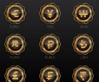 Nations Currency Icons Shiny Yellow Circle Design