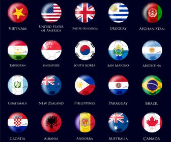 Nations Flags Design On Round Icons