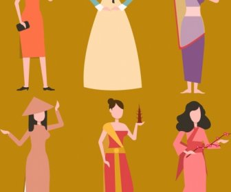 Nações Mulheres ícones Tradicionais Trajes Desenha Personagens De Desenhos Animados