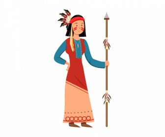 Ícone Indígena Nativo Americano Bonito Esboço Da Menina Dos Desenhos Animados