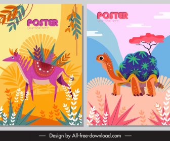 Natural Animals Posters Colorful Design Reindeer Turtle Sketch
