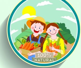 Zanahoria Natural Etiqueta Joven Agricultor Multicolor De Dibujos Animados Iconos