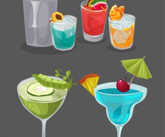Natural Drinks Icons Cocktails Sketch Handdrawn Retro
