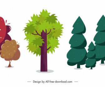 Natural Elements Icons Trees Sketch Colored Classic Design