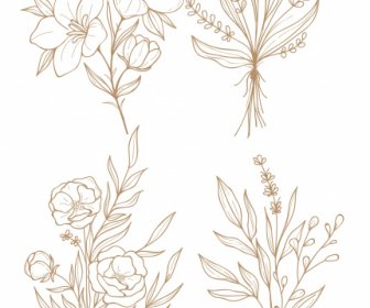 Natural Flower Icons Handdrawn Sketch Classic Design