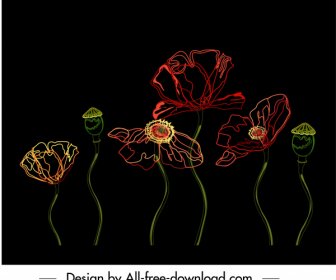 Natural Flower Painting Colored Dark Decor Handdrawn Sketch