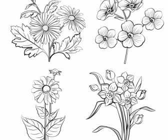 自然の花アイコン黒い白い手描きの輪郭