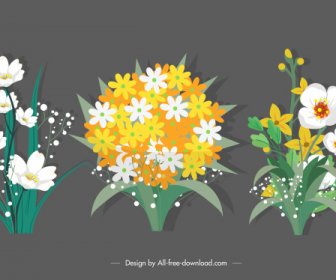 ícones Flores Naturais Florescendo Esboço Design Clássico Colorido