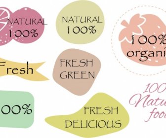 Natural Food Labels Collection Various Shaped Colored Flat Icons