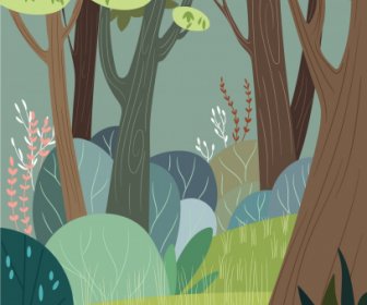 Lukisan Hutan Alami Berwarna-warni Sketsa Datar Klasik